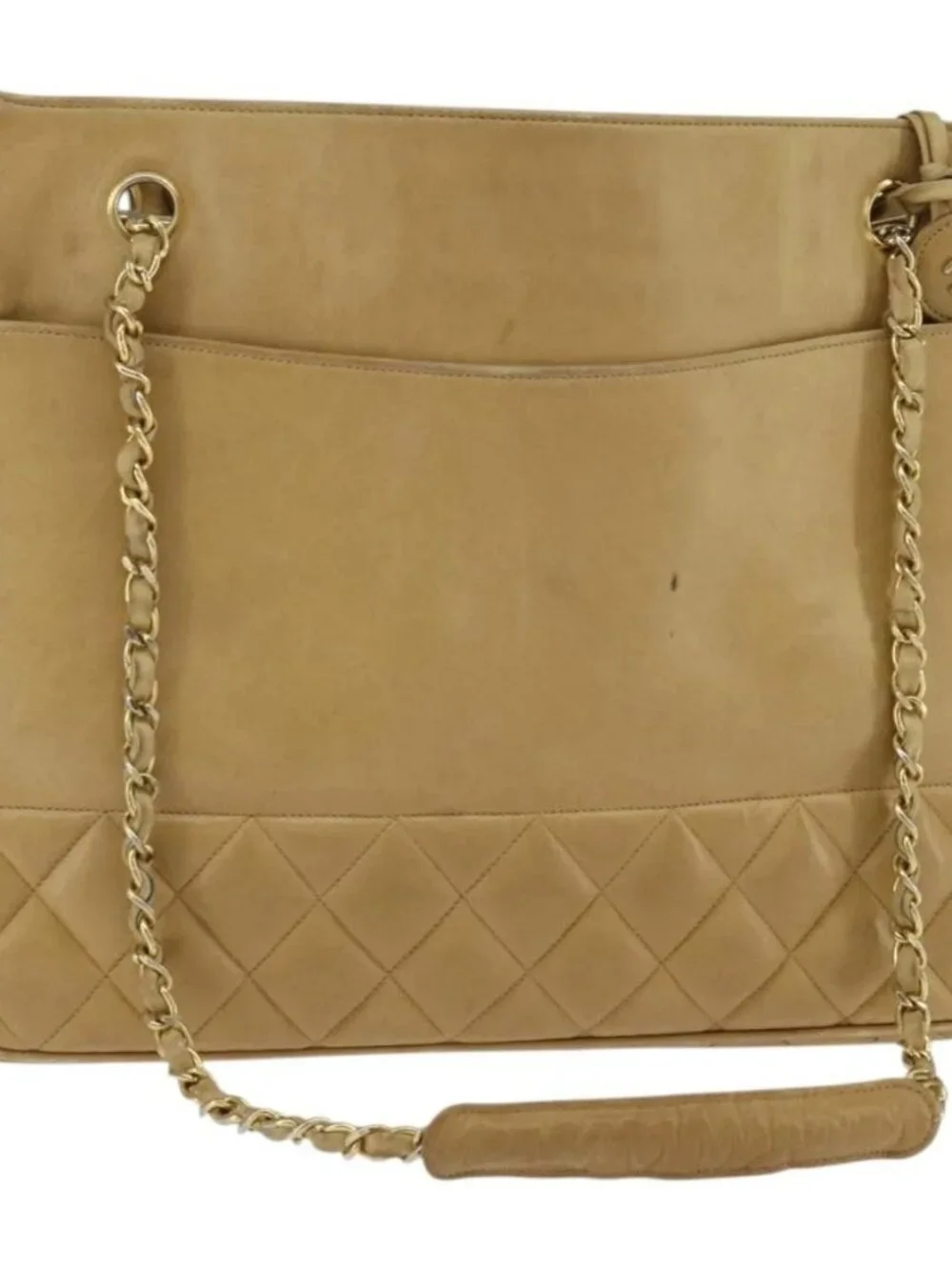 CHANEL Matelasse Chain Shoulder Bag Lamb Skin Beige Gold CC Auth 150131